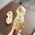 Elegant gold sequined girls' princess shoes with pearl ankle strap for dance performances - 21 / Gold