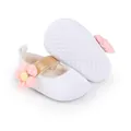 Detailed view of white infant walker shoes with pink flower and anti-slip sole - Inner Length 12cm / White