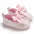 Gros plan de chaussures bébé princesse roses avec nœuds et broderies florales - Rose