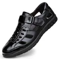 Men's black genuine leather hollow-out sandals with closed toe for casual summer wear - 38 / Black