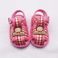 Pink plaid baby sandals with cute bear patch for infant soft sole walking shoes - Size 11 (10.5CM) / Plaid Pink Style (LX006)