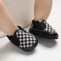 Comfortable checkered soft sole baby walking shoes with easy slip-on design for infants - Black