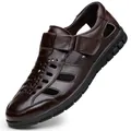 Classic dark brown men's leather closed-toe sandals with breathable hollow design - 38 / Brown