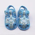Detailed view of blue striped baby sandals with a cute smiling starfish design on top - Size 11 (10.5CM) / Star Blue Style (LX006)