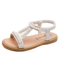 Elegant white pearl sandals for little girls featuring a rhinestone-trimmed flat sole - 21 / White