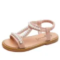 Elegant pink girls' pearl sandals with rhinestone accents and elastic strap summer style - 21 / Pink