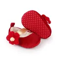 Close-up of red velvet baby girl princess pre-walker shoes with knitted flower decoration - Inner Length 12cm / Red