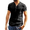 Détail d'une chemise Henley noire pour hommes à manches courtes et texture de lin. - Noir