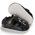 Detailed close-up view of black baby walking sandals featuring anti-slip white rubber soles - Black