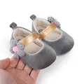 Close-up of gray velvet baby walking shoes with knitted flower and gold strap - Insole Length 11cm / Gray