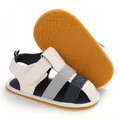 Detailed close-up view of soft-sole baby sandals with anti-slip yellow star pattern sole - Blue Rubber Sole
