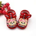 Infant soft sole red checkered plaid sandals featuring cute cartoon bear decoration - Size 11 / Bear Pattern Single Shoes-Red