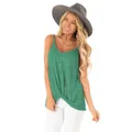 Detail view of a green twist-knot camisole tank top with thin straps and V-neckline. - S / Tops / Green