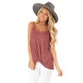 Detailed view of women's mauve twisted hem tank top worn by a model in casual summer style - Burgundy