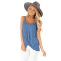 Close-up of blue sleeveless camisole featuring a stylish front twist knot detail - Blue