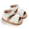 Macro detail of white faux leather baby walking shoes featuring soft non-slip soles - White