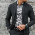 Detailed shot of charcoal grey men's chunky knit cardigan with single-breasted buttons - S / Tops / Gray