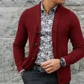 Men's stylish burgundy knitted cardigan with shawl collar and single-breasted buttons. - S / Tops / Burgundy