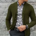 Premium men's olive green single-breasted knitted cardigan sweater with textured weave - S / Tops / Army Green