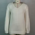 Front view of a white V-neck knitted sweater dress displayed on a studio mannequin - White