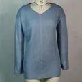 Close-up detail of light blue V-neck loose ribbed knit sweater dress on a mannequin. - Blue