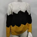 Womens casual tricolor color block crew neck long sleeve wave pattern knitted sweater top - S / Tops / Black White Yellow