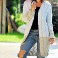 Detailed view of women's oversized light blue and grey cable knit cardigan sweater - S / Tops / Apricot