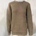 Close-up of men's olive green ribbed knit crew neck sweater on a transparent mannequin. - Light Khaki