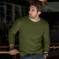 Men's solid olive green crewneck knit sweater with comfortable slim fit - S / Tops / Army Green
