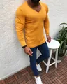 Macro view of slim fit mustard yellow long sleeve knit sweater for men outdoors - S / Tops / Yellow