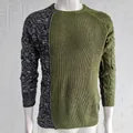 Detailed view of knitted texture on men's slim-fit color-block crewneck sweater - 3XL / Army Green Patchwork