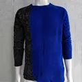 Detail of men's slim fit color-block knit sweater in blue and grey textures - 3XL / Navy Blue Purple Patchwork