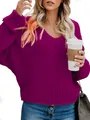 Loose fit V-neck long sleeve chunky knit sweater in purple for women casual autumn wear - S / Tops / Rose Red