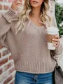 Casual oversized oatmeal knit V-neck long sleeve sweater for autumn outdoor style - S / Tops / Khaki