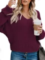 Premium oversized burgundy knit V-neck long-sleeve sweater for autumn and winter - S / Tops / Purple