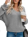 Casual grey loose V-neck knitted sweater with long sleeves for autumn and winter outfits - S / Tops / Gray