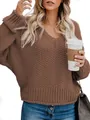 Loose brown V-neck knit sweater with long sleeves in casual oversized outdoor style - S / Tops / Brown