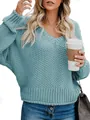 Casual loose light blue knit V-neck sweater for women featuring a chunky knit texture - S / Tops / Blue