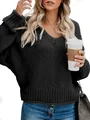 Comfortable black loose-fit V-neck chunky knitted long sleeve sweater for women - S / Tops / Black