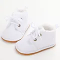 Nahaufnahme weißer Baby-Winterstiefel mit warmem Fellfutter und rutschfester Gummisohle - Weiß