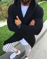 High-angle detail shot of men's slim fit black hooded knit cardigan sweater for autumn - S / Tops / Navy Blue