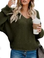Chunky olive green oversized knit V-neck sweater for women with a relaxed fit. - S / Tops / Army Green