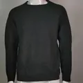 Close-up detail of men's slim fit black knit sweater featuring crewneck and textured sleeves - S / Tops / Gray