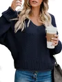 Casual navy blue chunky knit V-neck sweater for women with loose fit style - S / Tops / Navy Blue