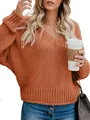 Casual loose knit V-neck long sleeve sweater in a vibrant rust orange autumn color - S / Tops / Brick Red
