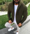 Men's army green slim-fit hooded knitted cardigan sweater with a textured weave - S / Tops / Army Green