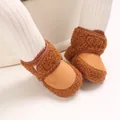 Brown sherpa baby winter boots with soft soles for infants, featuring 'Baby' embroidery - Coffee