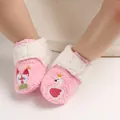 Detail shot of pink fleece-lined winter baby shoes with embroidered castle and swan - Inner Length 11cm / Pink Swan