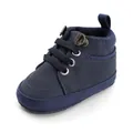 Vue détaillée d'une chaussure de marche montante bleu marine à semelle souple pour bébé - Bleu foncé