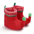 Dettaglio degli stivaletti da neve per neonati rossi e verdi in stile elfo natalizio. - Lunghezza Interna 11cm / Elfo di Natale Rosso Verde (B138)
